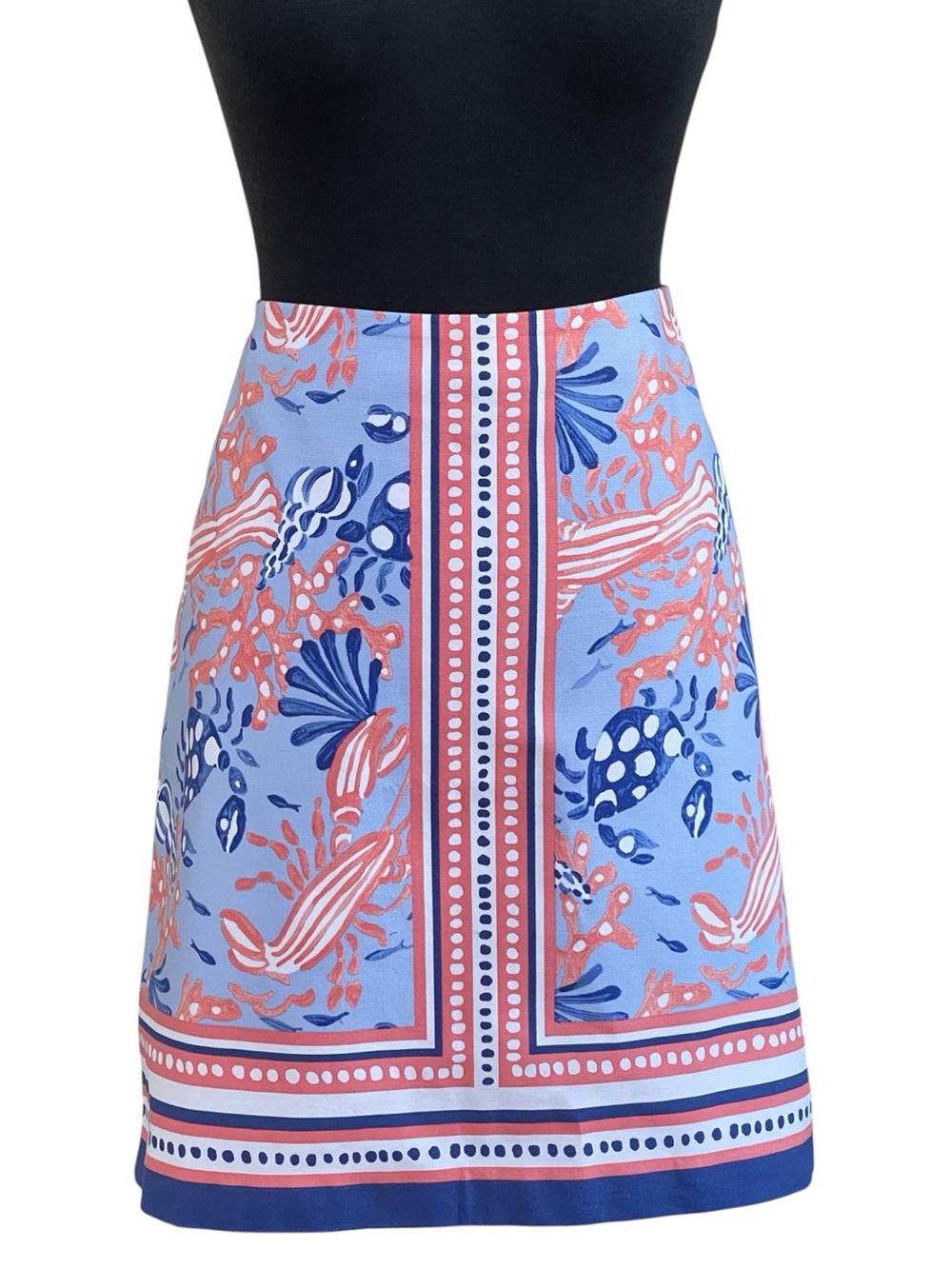 Talbots Under The Sea Blue and Coral Print Above Knee Skirt Sz 10 Lined Lobster